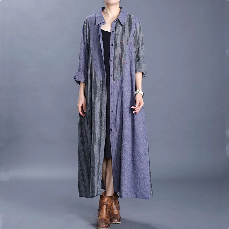 Women's pea coats with brass buttons for a nautical - inspired styleUnique lapel Button Down Fashion trench coat blue patchwork striped cardigan Women's pea coats with brass buttons for a nautical - inspired styleUnique lapel Button Down Fashion trench coat blue patchwork striped cardigan