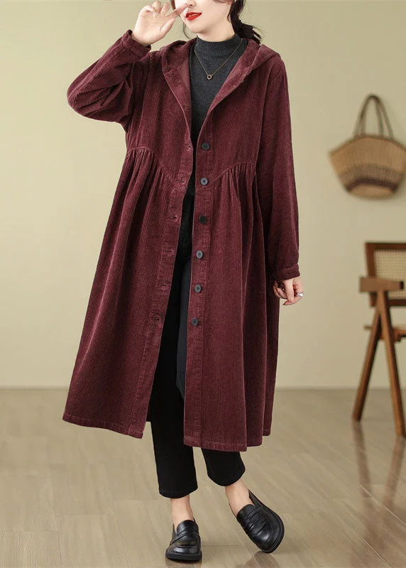 Women's pea coats with brass buttons for a nautical - inspired styleUnique Mulberry Patchwork Wrinkled Button Corduroy Hooded Trench Coats Fall Women's pea coats with brass buttons for a nautical - inspired styleUnique Mulberry Patchwork Wrinkled Button Corduroy Hooded Trench Coats Fall