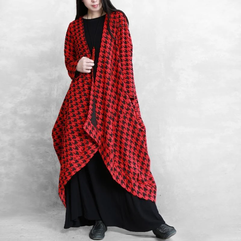 Oversized women's wool coats in a monochromatic look for a trendy outfitUnique patchwork asymmetric coat red black plaid baggy outwears fall