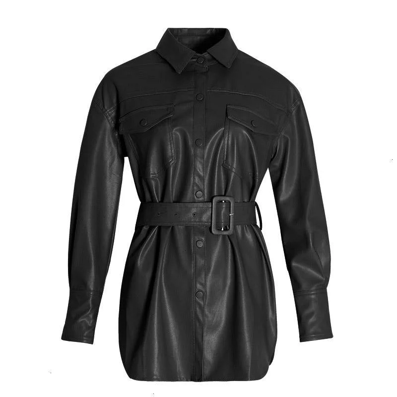 Women's pea coats with brass buttons for a nautical - inspired styleVegan Leather Button Down Belted Jacket Women's pea coats with brass buttons for a nautical - inspired styleVegan Leather Button Down Belted Jacket