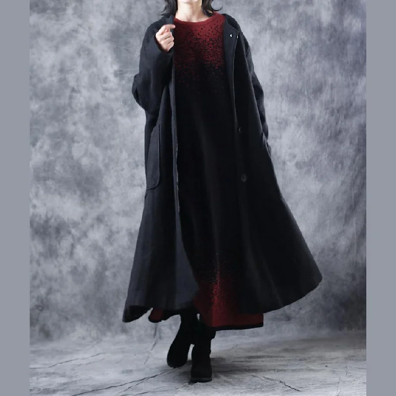 Women's pea coats with brass buttons for a nautical - inspired styleVintage Black Coat Oversized O Neck Wool Coat Fashion Pockets Large Hem Wool Jackets Women's pea coats with brass buttons for a nautical - inspired styleVintage Black Coat Oversized O Neck Wool Coat Fashion Pockets Large Hem Wool Jackets
