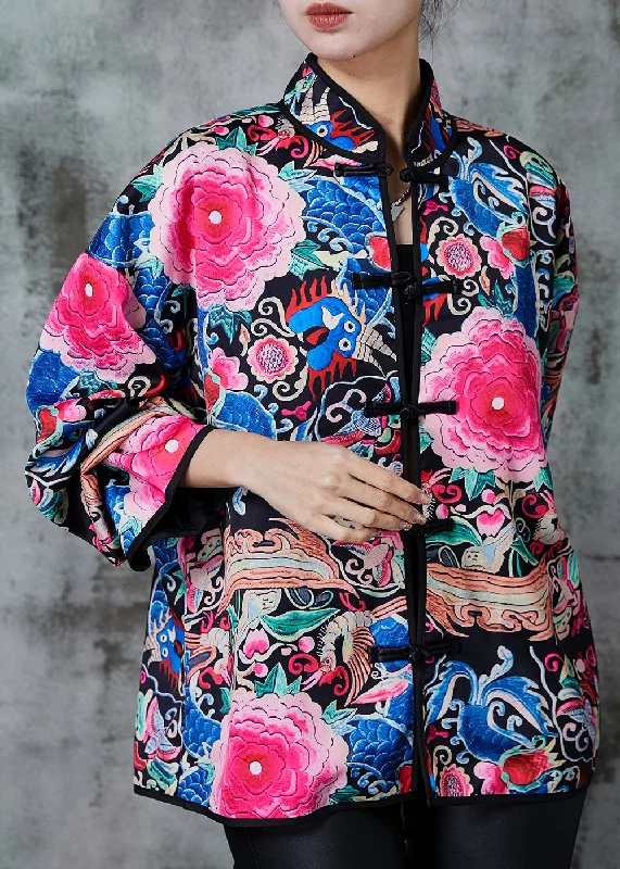 Mid - length women's down coats in a slim fit for a modern and sleek appearanceVintage Black Embroidered Silk Chinese Style Coats Spring Mid - length women's down coats in a slim fit for a modern and sleek appearanceVintage Black Embroidered Silk Chinese Style Coats Spring
