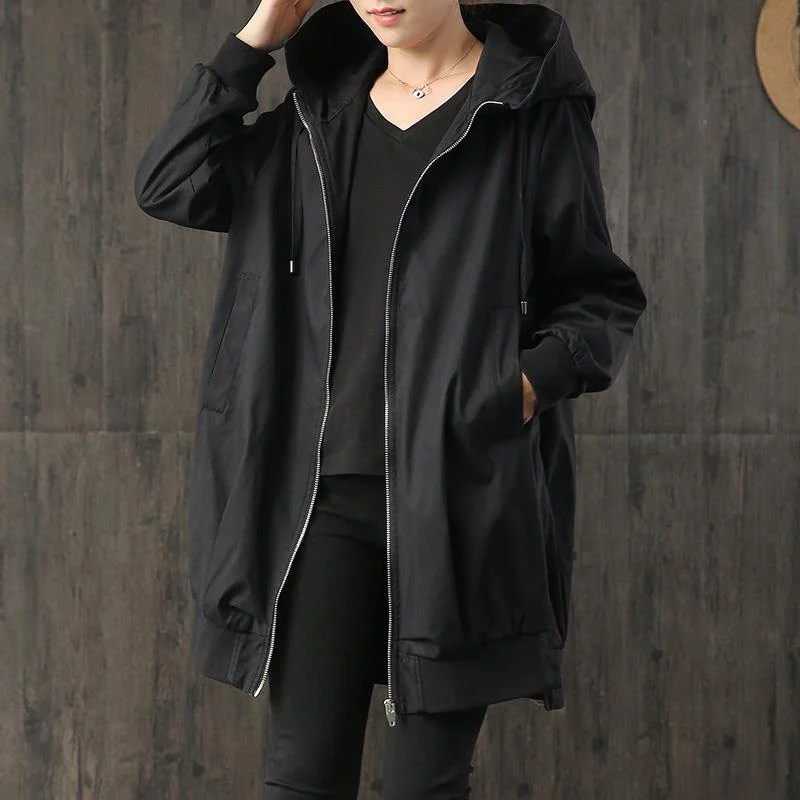 Plus size women's wool blend coats for a warm and stylish wintervintage black Loose fitting coat fall women hooded zippered drawstring coats