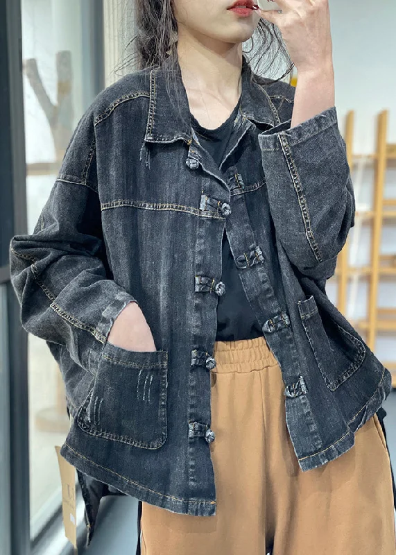 Women's faux fur coats in bright colors for a bold fashion statementVintage Black Peter Pan Collar Button Pockets Denim Coats Long Sleeve Women's faux fur coats in bright colors for a bold fashion statementVintage Black Peter Pan Collar Button Pockets Denim Coats Long Sleeve