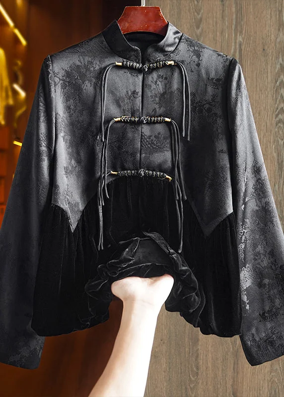Women's waterproof parka coats with multiple pockets for practicalityVintage Black Tasseled Jacquard Patchwork Silk Velour Coat Fall Women's waterproof parka coats with multiple pockets for practicalityVintage Black Tasseled Jacquard Patchwork Silk Velour Coat Fall