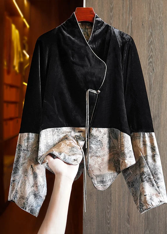 Petite women's wool blend coats with a tailored fit for a flattering silhouetteVintage Black Tasseled Print Patchwork Silk Velour Coats Fall Petite women's wool blend coats with a tailored fit for a flattering silhouetteVintage Black Tasseled Print Patchwork Silk Velour Coats Fall