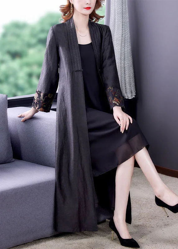 Women's cropped leather coats with silver studs for an edgy lookVintage Black V Neck Patchwork Side Open Silk Trench Coats Fall Women's cropped leather coats with silver studs for an edgy lookVintage Black V Neck Patchwork Side Open Silk Trench Coats Fall