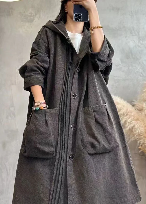 Embroidered women's cotton coats in a bohemian pattern for a unique designVintage Black Wrinkled Patchwork Button Hooded Denim Trench Coats Long Sleeve Embroidered women's cotton coats in a bohemian pattern for a unique designVintage Black Wrinkled Patchwork Button Hooded Denim Trench Coats Long Sleeve
