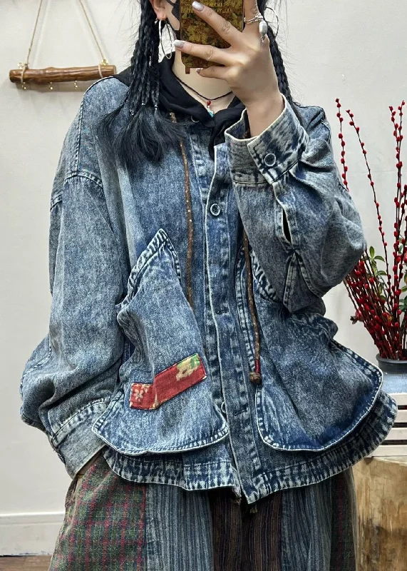 Embroidered women's cotton coats in a bohemian pattern for a unique designVintage Blue Button Pockets Patchwork Denim Coat Fall Embroidered women's cotton coats in a bohemian pattern for a unique designVintage Blue Button Pockets Patchwork Denim Coat Fall