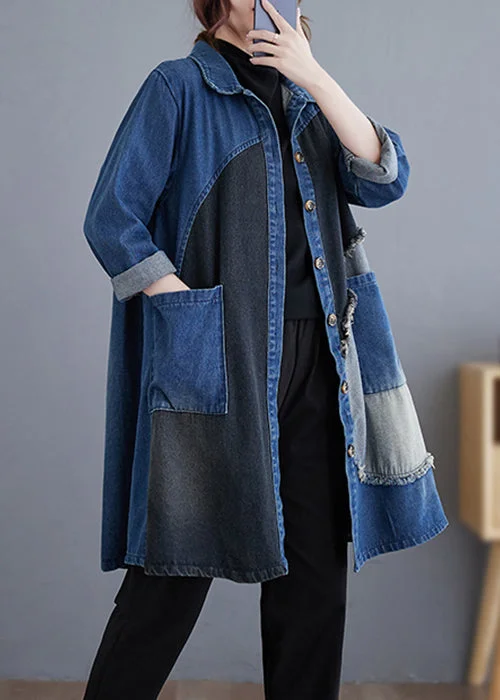 Plus size women's wool blend coats for a warm and stylish winterVintage Blue Button Pockets Patchwork Denim Trench Coat Fall Plus size women's wool blend coats for a warm and stylish winterVintage Blue Button Pockets Patchwork Denim Trench Coat Fall