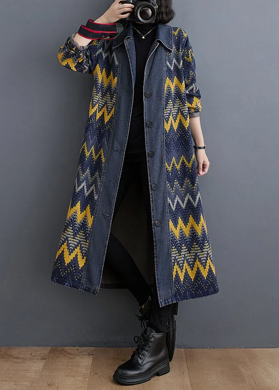 Embroidered women's cotton coats in a bohemian pattern for a unique designVintage Blue Peter Pan Collar Print Button Denim Long Trench Coat Fall Embroidered women's cotton coats in a bohemian pattern for a unique designVintage Blue Peter Pan Collar Print Button Denim Long Trench Coat Fall