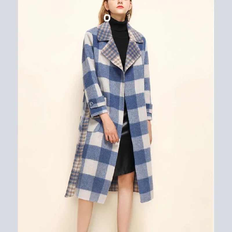 Water - resistant women's trench coats with adjustable cuffs for rainy daysFashion Blue Plaid Woolen Coat Women Medium Length Jackets Notched Tie Waist Outwear