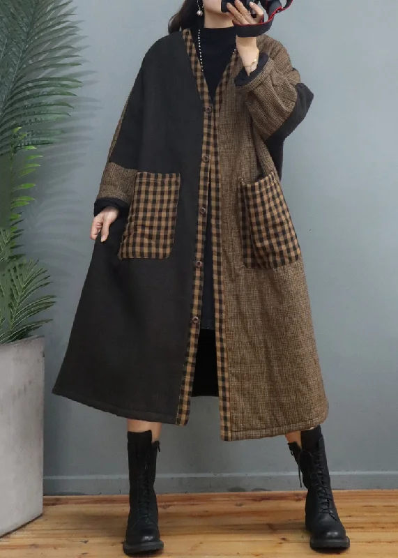 Shearling - lined women's leather coats for ultimate warmth and luxuryVintage Coffee Plaid Pockets Patchwork Thick Long Coat Fall Shearling - lined women's leather coats for ultimate warmth and luxuryVintage Coffee Plaid Pockets Patchwork Thick Long Coat Fall