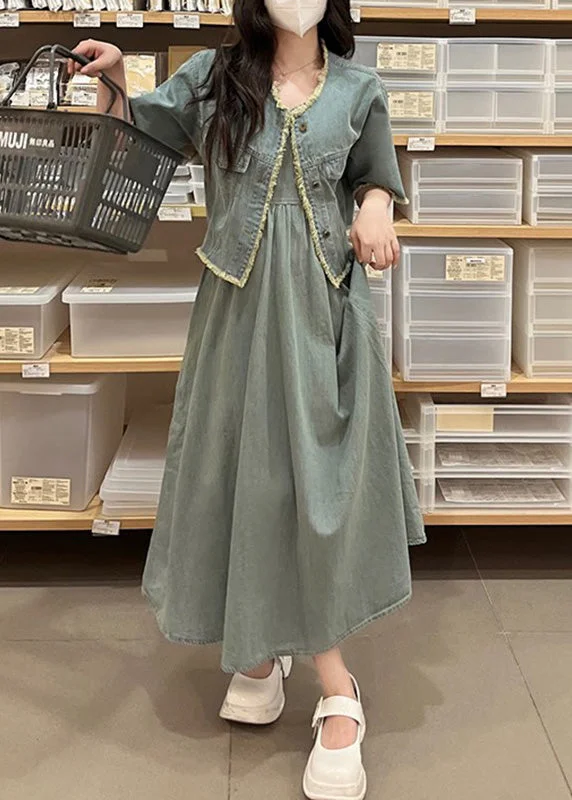 Plus size women's wool blend coats for a warm and stylish winterVintage Denim Blue O-Neck Patchwork Coats And Long Dress Two Piece Set Short Sleeve Plus size women's wool blend coats for a warm and stylish winterVintage Denim Blue O-Neck Patchwork Coats And Long Dress Two Piece Set Short Sleeve