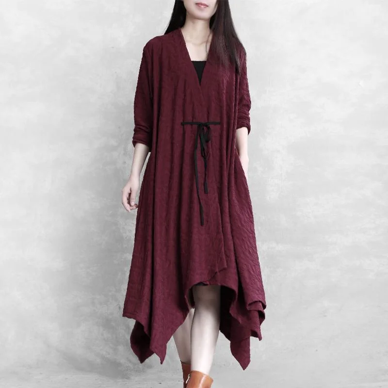 Women's reversible down coats with two - tone designs for versatile stylingVintage fall knit outwear burgundy Jacquard tie waist asymmetric coats