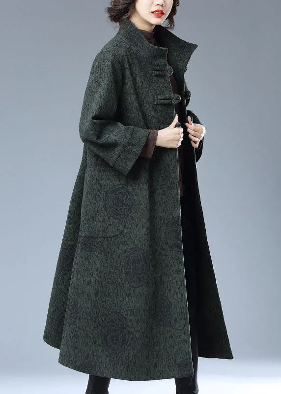 Plus size women's wool blend coats for a warm and stylish winterVintage Green Chinese Button Print Pockets Patchwork Woolen Long Trench Coat Fall Plus size women's wool blend coats for a warm and stylish winterVintage Green Chinese Button Print Pockets Patchwork Woolen Long Trench Coat Fall