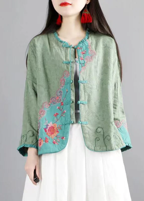 Women's faux fur coats in bright colors for a bold fashion statementVintage Green Ruffled Embroideried Chinese Button Cotton Coats Spring