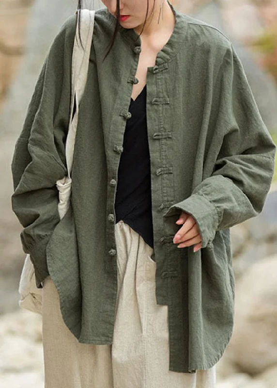 Mid - length women's down coats in a slim fit for a modern and sleek appearanceVintage Green Stand Collar Chinese Button Patchwork Cotton Coat Fall Mid - length women's down coats in a slim fit for a modern and sleek appearanceVintage Green Stand Collar Chinese Button Patchwork Cotton Coat Fall