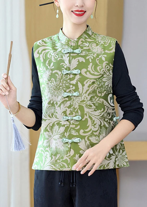 Oversized women's wool coats in a monochromatic look for a trendy outfitVintage Green Stand Collar Print Button Silk Waistcoat Sleeveless