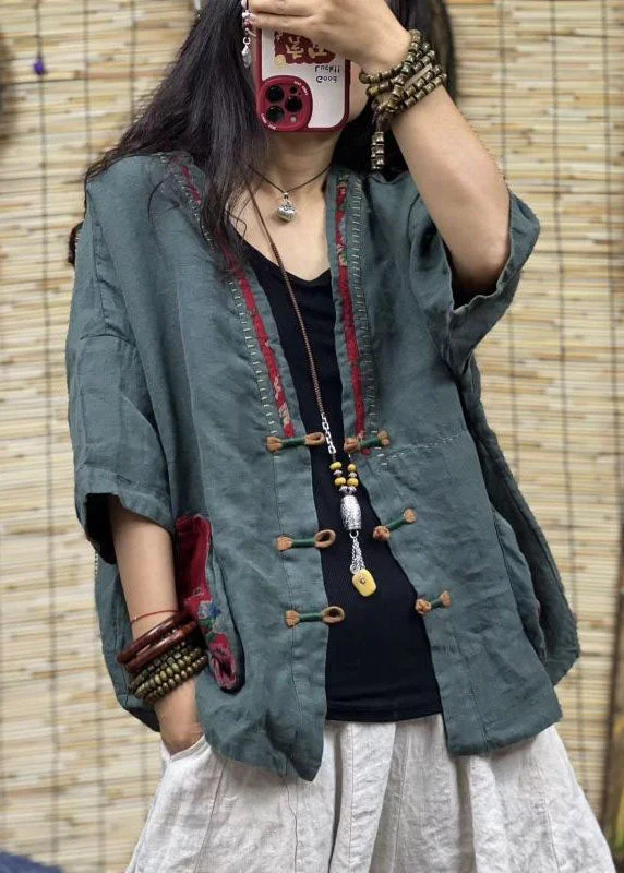 Women's reversible down coats with two - tone designs for versatile stylingVintage Green V Neck Pockets Chinese Button Patchwork Linen Coats Summer Women's reversible down coats with two - tone designs for versatile stylingVintage Green V Neck Pockets Chinese Button Patchwork Linen Coats Summer