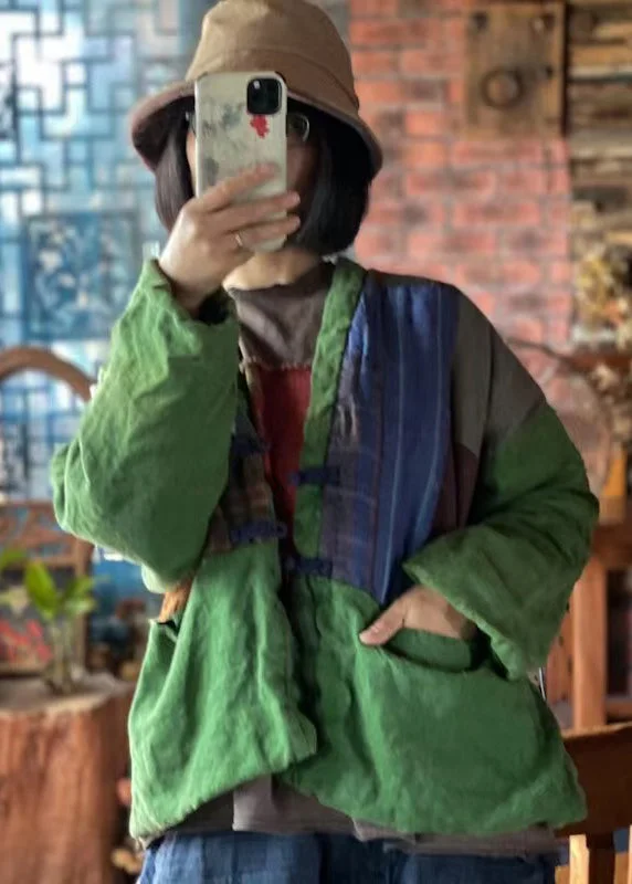 Women's faux fur coats in bright colors for a bold fashion statementVintage Green V Neck Pockets Patchwork Fine Cotton Filled Jackets Winter Women's faux fur coats in bright colors for a bold fashion statementVintage Green V Neck Pockets Patchwork Fine Cotton Filled Jackets Winter