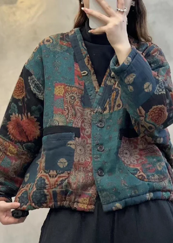 Hooded women's puffer coats in neon colors for high - visibility sportsVintage Green V Neck Pockets Print Fine Cotton Filled Jackets Spring Hooded women's puffer coats in neon colors for high - visibility sportsVintage Green V Neck Pockets Print Fine Cotton Filled Jackets Spring