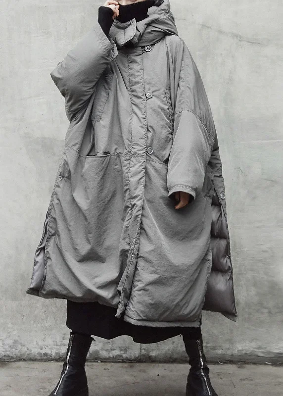 Women's knee - length wool blend coats with a fur collar for added warmthVintage Grey hooded Pockets side open Thick Winter Cotton coat