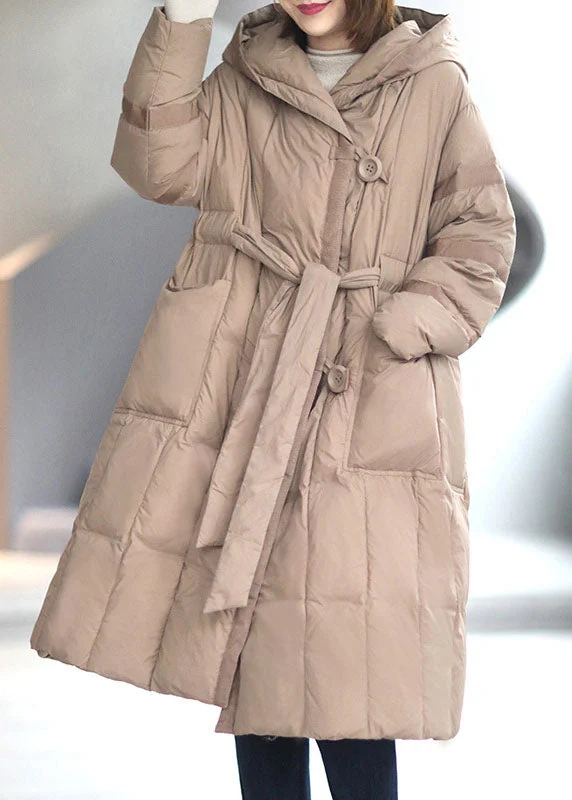 Long women's mac coats in a lightweight fabric for spring showersVintage Khaki Button Pockets tie waist Winter Duck Down Coat Long women's mac coats in a lightweight fabric for spring showersVintage Khaki Button Pockets tie waist Winter Duck Down Coat
