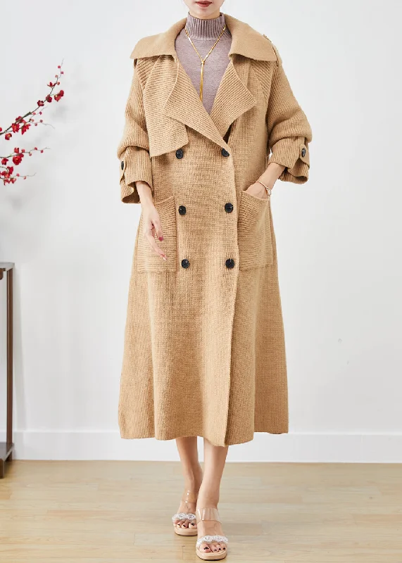 Women's reversible down coats with two - tone designs for versatile stylingVintage Khaki Double Breast Pockets Knit Trench Coats Fall Women's reversible down coats with two - tone designs for versatile stylingVintage Khaki Double Breast Pockets Knit Trench Coats Fall