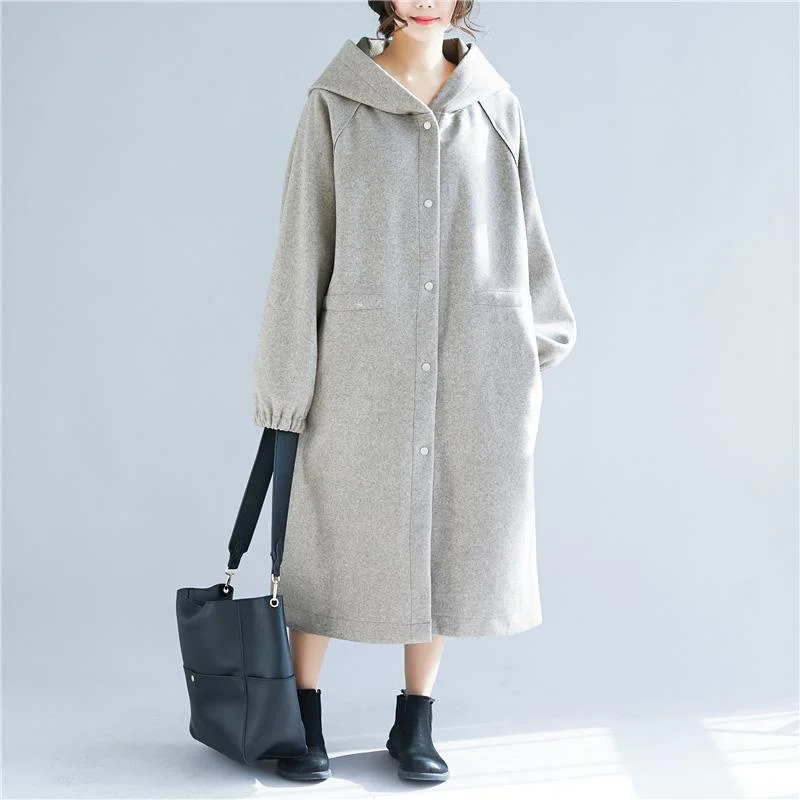 Quilted down women's coats with removable hoods for outdoor activitiesvintage light gray Wool jackets casual long hooded coats