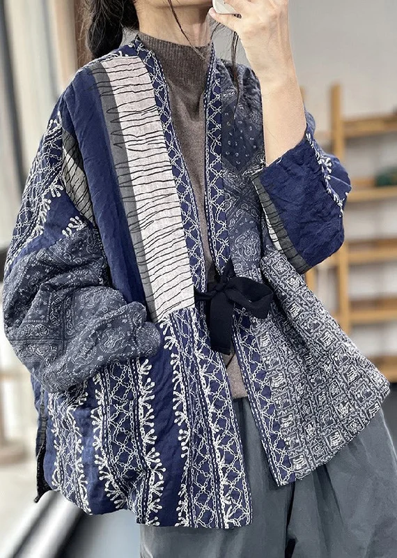 Women's long - sleeve wool coats in a houndstooth pattern for a classic charmVintage Navy Oversized Print Fine Cotton Filled Jackets Spring Women's long - sleeve wool coats in a houndstooth pattern for a classic charmVintage Navy Oversized Print Fine Cotton Filled Jackets Spring