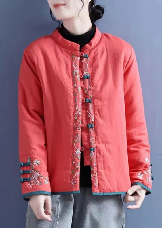 Women's reversible down coats with two - tone designs for versatile stylingVintage Orange Embroidered Button Cotton Filled Coats Winter