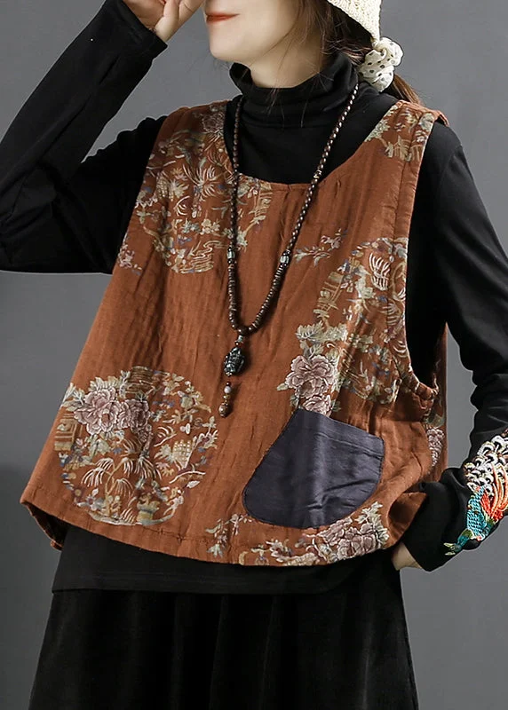 Quilted down women's coats with removable hoods for outdoor activitiesVintage Orange O Neck Print Pockets Thick Waistcoat Sleeveless Quilted down women's coats with removable hoods for outdoor activitiesVintage Orange O Neck Print Pockets Thick Waistcoat Sleeveless
