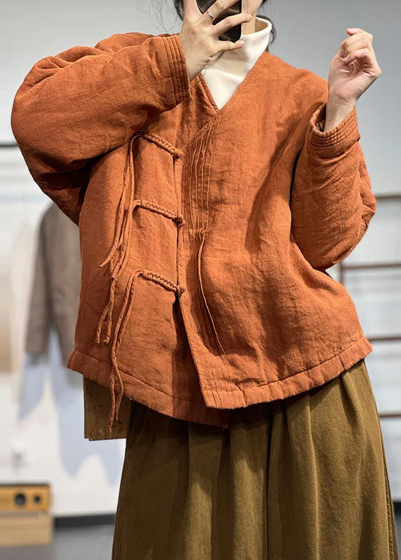 Women's faux fur coats in bright colors for a bold fashion statementVintage Orange V Neck Solid Wrinkled Fine Cotton Filled Winter Coats Women's faux fur coats in bright colors for a bold fashion statementVintage Orange V Neck Solid Wrinkled Fine Cotton Filled Winter Coats