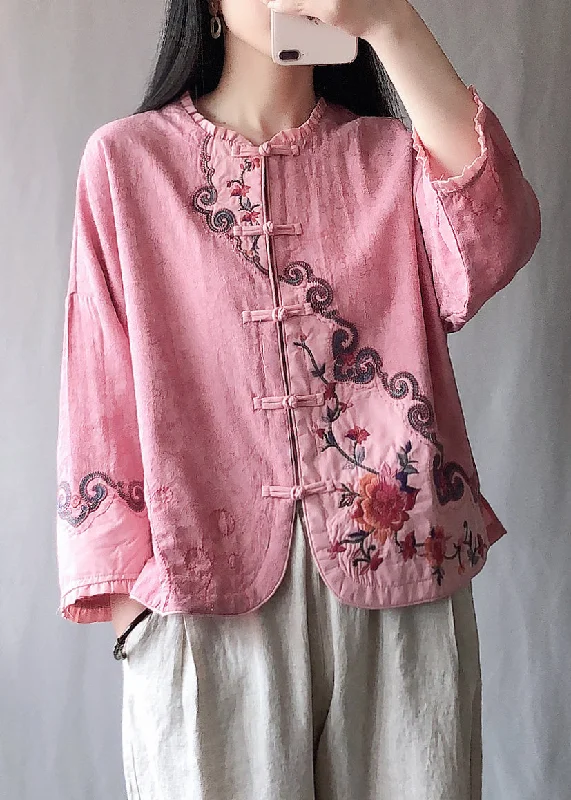 Women's reversible down coats with two - tone designs for versatile stylingVintage Pink Ruffled Embroideried Chinese Button Cotton Short Coat Spring Women's reversible down coats with two - tone designs for versatile stylingVintage Pink Ruffled Embroideried Chinese Button Cotton Short Coat Spring