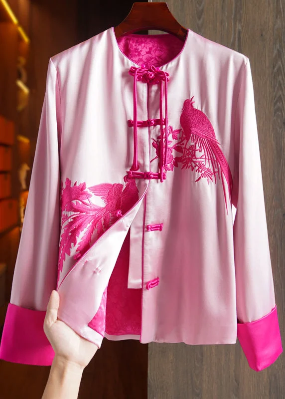 Women's knee - length wool blend coats with a fur collar for added warmthVintage Pink Tasseled Embroideried Patchwork Silk Coat Fall