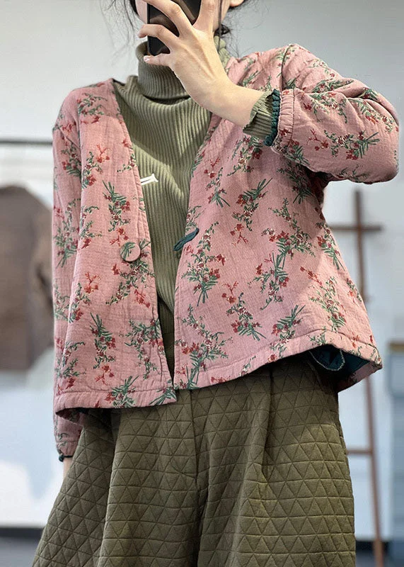 Women's long - sleeve wool coats in a houndstooth pattern for a classic charmVintage Pink V Neck Print Fine Cotton Filled Parka Jacket Winter Women's long - sleeve wool coats in a houndstooth pattern for a classic charmVintage Pink V Neck Print Fine Cotton Filled Parka Jacket Winter