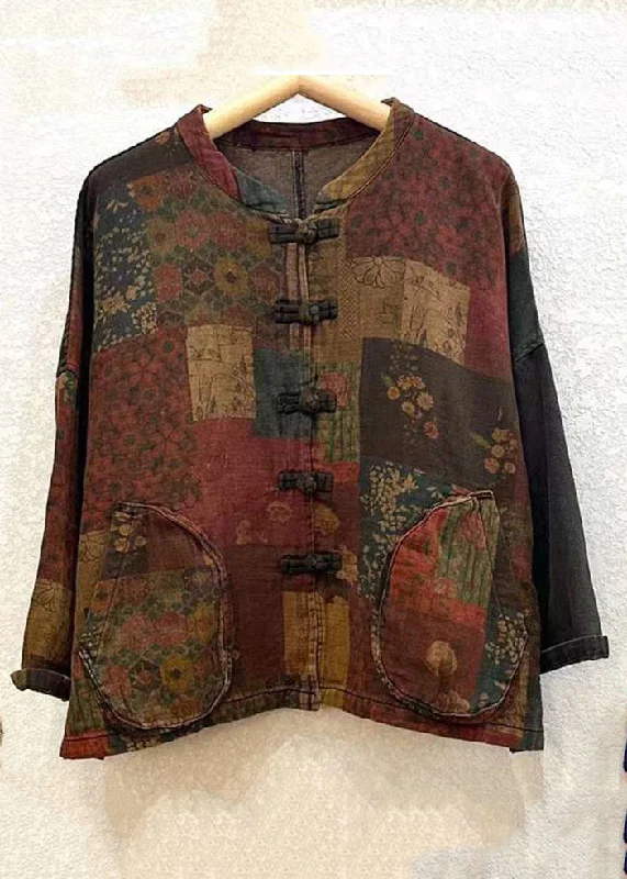 Women's cropped leather coats with silver studs for an edgy lookVintage Print Button Patchwork Cotton Coat Long Sleeve Women's cropped leather coats with silver studs for an edgy lookVintage Print Button Patchwork Cotton Coat Long Sleeve