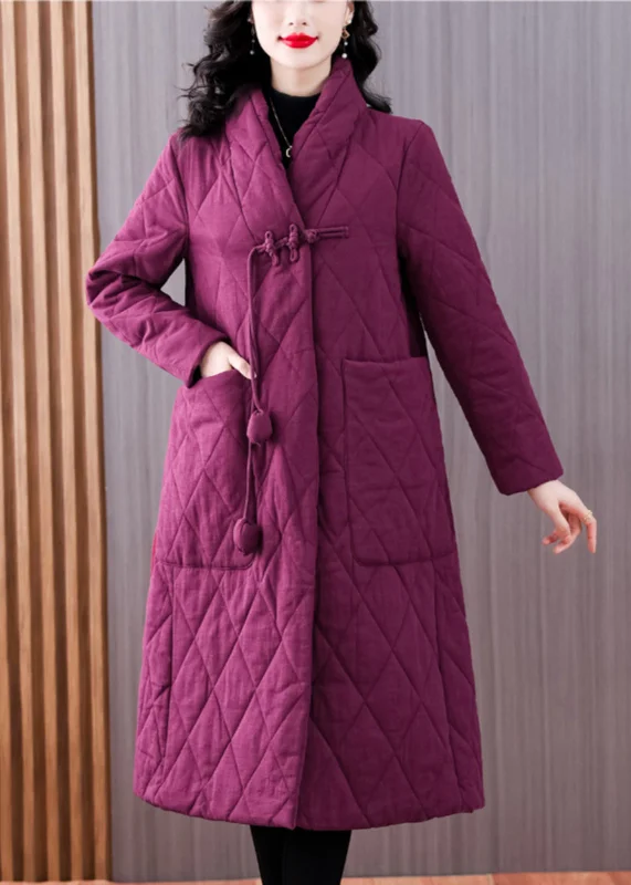 Shearling - lined women's leather coats for ultimate warmth and luxuryVintage Purple V Neck Pockets Chinese Button Fine Cotton Filled Coat Winter Shearling - lined women's leather coats for ultimate warmth and luxuryVintage Purple V Neck Pockets Chinese Button Fine Cotton Filled Coat Winter