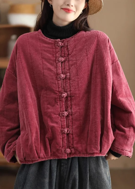 Embroidered women's cotton coats in a bohemian pattern for a unique designVintage Red O Neck Chinese Button Corduroy Fine Cotton Filled Jacket Winter Embroidered women's cotton coats in a bohemian pattern for a unique designVintage Red O Neck Chinese Button Corduroy Fine Cotton Filled Jacket Winter