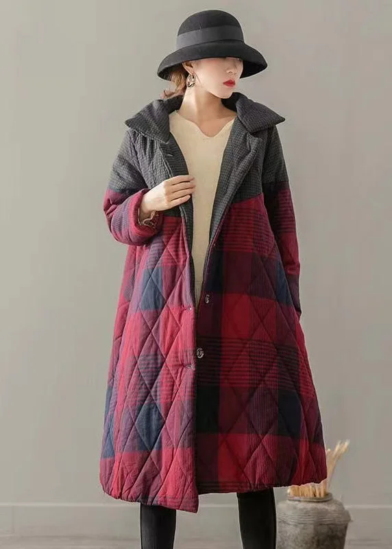Embroidered women's cotton coats in a bohemian pattern for a unique designVintage Red Pockets Plaid Patchwork Fine Cotton Filled Coats Winter Embroidered women's cotton coats in a bohemian pattern for a unique designVintage Red Pockets Plaid Patchwork Fine Cotton Filled Coats Winter