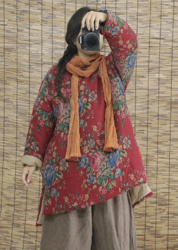 Women's longline double - breasted camel coats for a sophisticated lookVintage Red Print Low High Design Fine Cotton Filled Witner Coats Women's longline double - breasted camel coats for a sophisticated lookVintage Red Print Low High Design Fine Cotton Filled Witner Coats