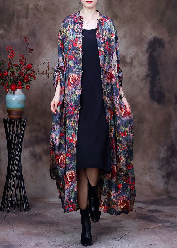 Women's longline double - breasted camel coats for a sophisticated lookVintage Red Print Oriental Button Silk Trench Coats Long Sleeve