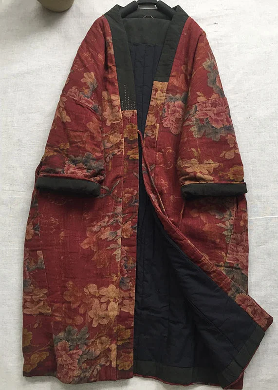 Women's knee - length wool blend coats with a fur collar for added warmthVintage Red V Neck Print Fine Cotton Filled Long Coat Spring Women's knee - length wool blend coats with a fur collar for added warmthVintage Red V Neck Print Fine Cotton Filled Long Coat Spring