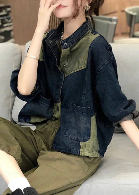 Women's waterproof parka coats with multiple pockets for practicalityVintage Stand Collar Pockets Patchwork Denim Coats Fall Women's waterproof parka coats with multiple pockets for practicalityVintage Stand Collar Pockets Patchwork Denim Coats Fall