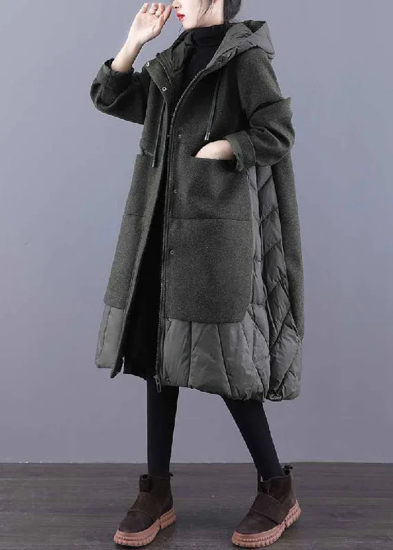 Women's cropped leather coats with silver studs for an edgy lookVintage Tea Green Hooded Patchwork Woolen Winter Coat