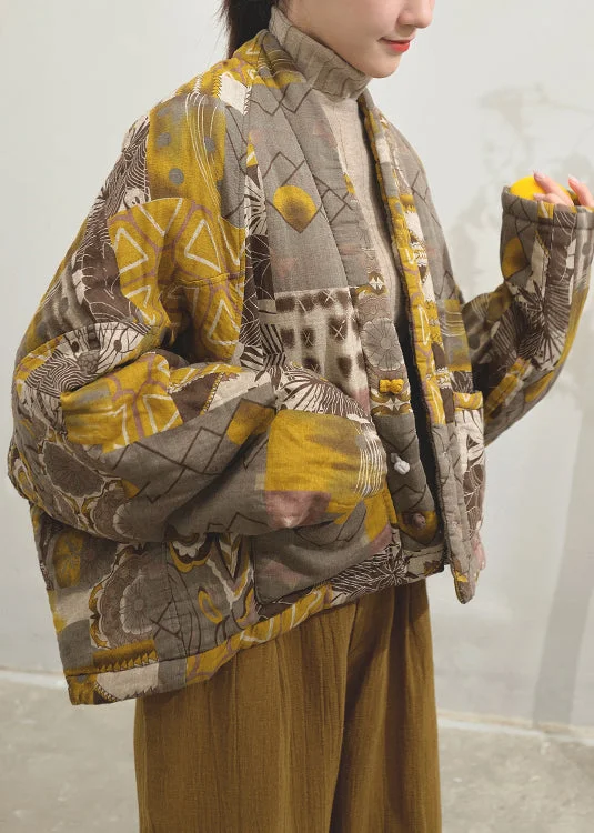 Women's cropped leather coats with silver studs for an edgy lookVintage Yellow Print Pockets Patchwork Fine Cotton Filled Jackets Batwing Sleeve Women's cropped leather coats with silver studs for an edgy lookVintage Yellow Print Pockets Patchwork Fine Cotton Filled Jackets Batwing Sleeve