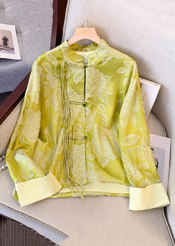 Women's cropped leather coats with silver studs for an edgy lookVintage Yellow Tasseled Button Print Silk Coat Fall