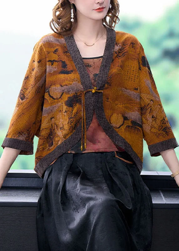 Women's knee - length wool blend coats with a fur collar for added warmthVintage Yellow V Neck Patchwork Silk UPF 50+ Coat Outwear Batwing Sleeve Women's knee - length wool blend coats with a fur collar for added warmthVintage Yellow V Neck Patchwork Silk UPF 50+ Coat Outwear Batwing Sleeve
