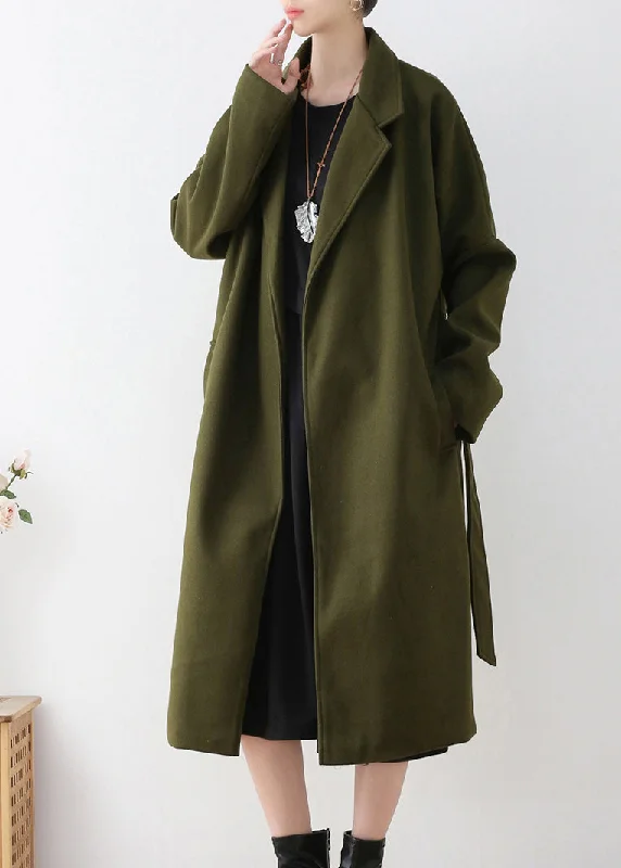 Women's pea coats with brass buttons for a nautical - inspired styleVogue Army Green Notched Tie Waist Woolen Trench Coats Winter Women's pea coats with brass buttons for a nautical - inspired styleVogue Army Green Notched Tie Waist Woolen Trench Coats Winter
